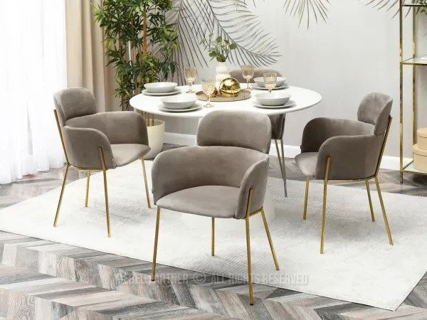 Welurowe krzesło w beżowej tkaninie ze złotą podstawą - luksusowa wygoda
